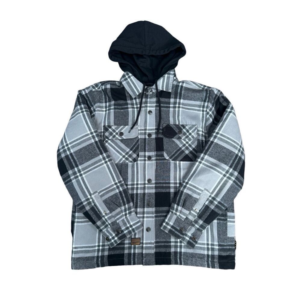 Brazos Men’s M Blacksmith Insulated Hooded Jacket Flannel Plaid Black/Gray Snaps